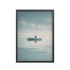 Solitude on Ice — Lone Penguin Minimal Arctic Scene in Soft Blues Wall Art — Framed Poster