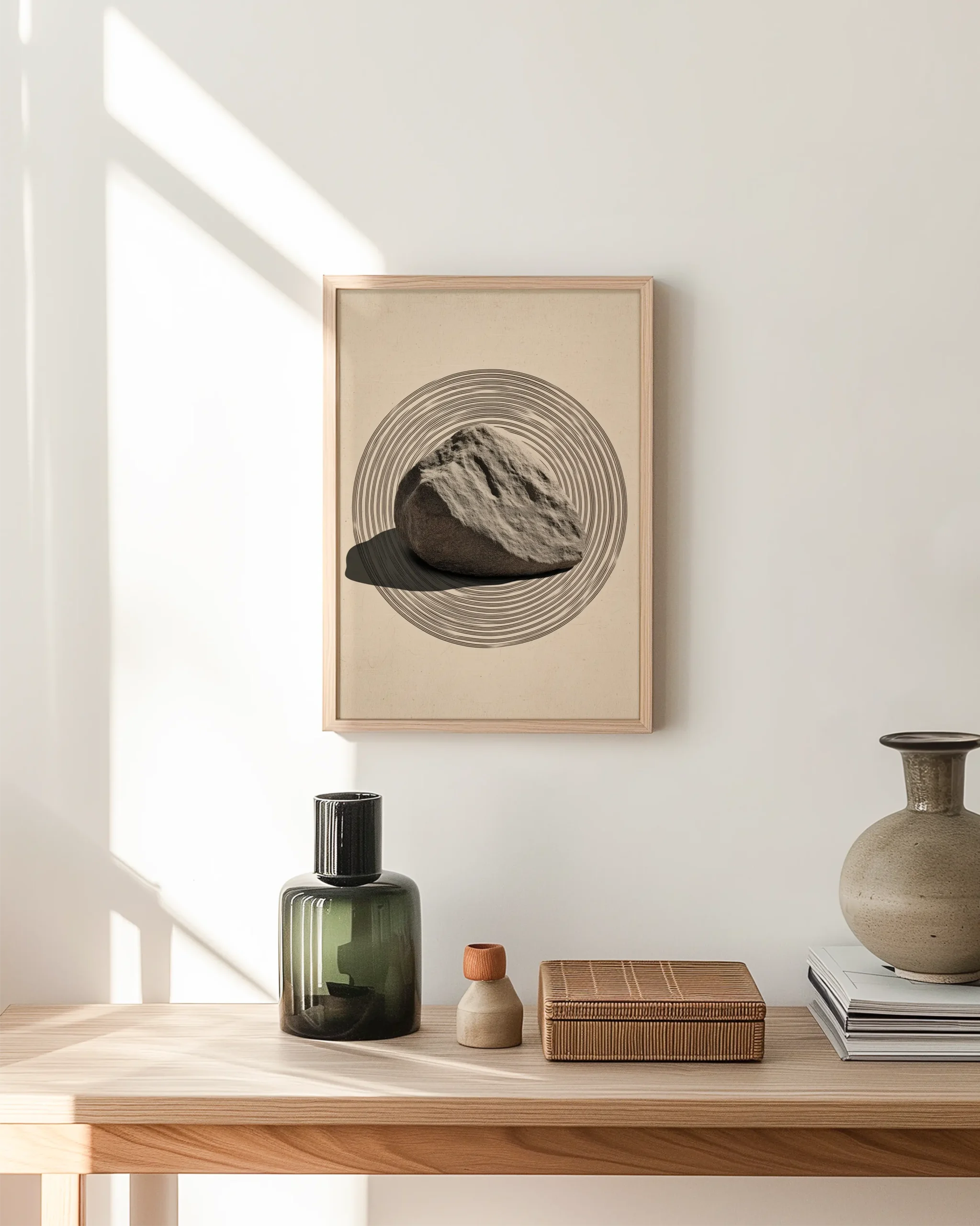 Bright hallway with a framed poster showing a stone inside circular ripple rings on a neutral beige background, minimalist Japandi wall art.