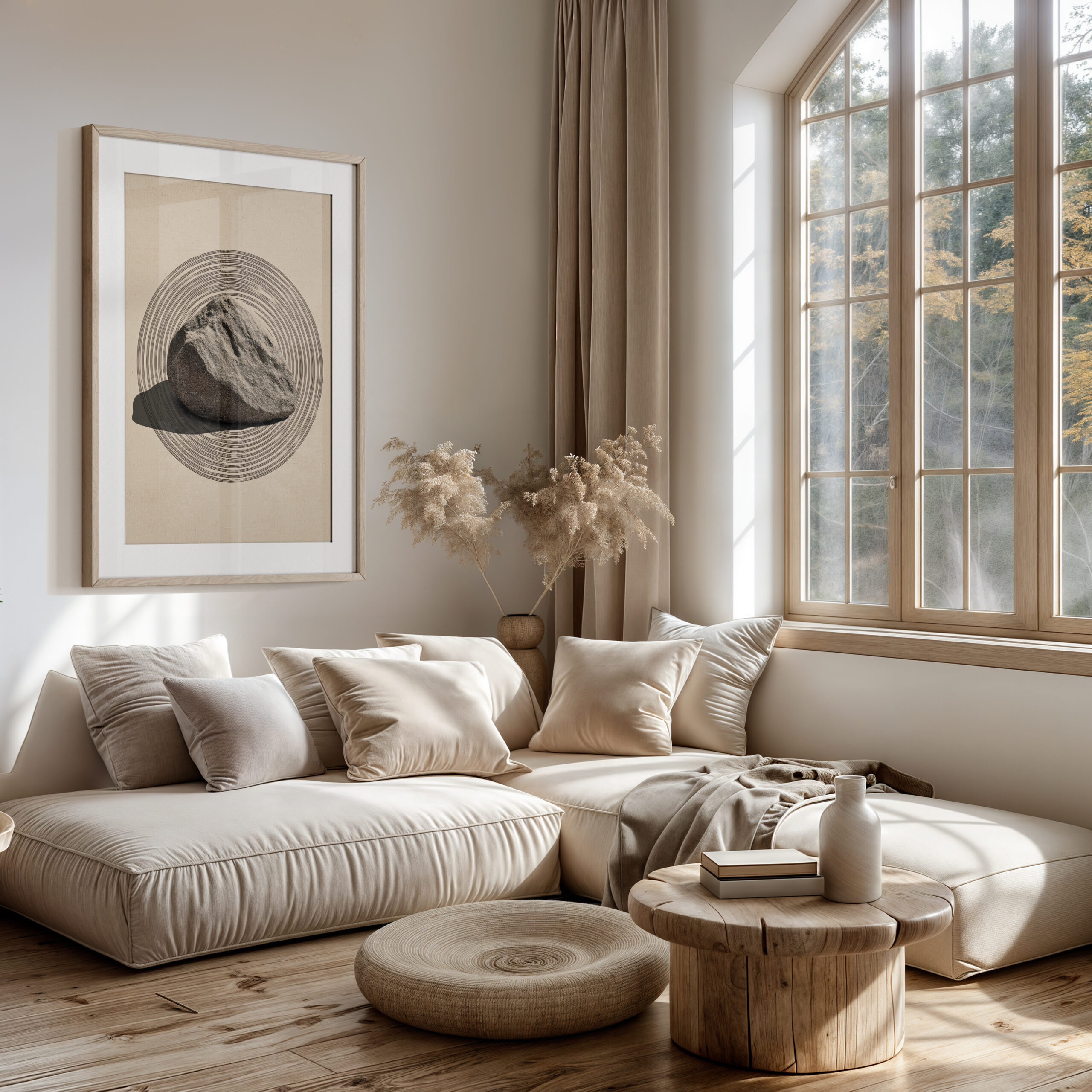 Modern Japandi living room with a framed poster featuring a stone inside circular ripple rings in warm beige tones, minimalist zen wall decor.