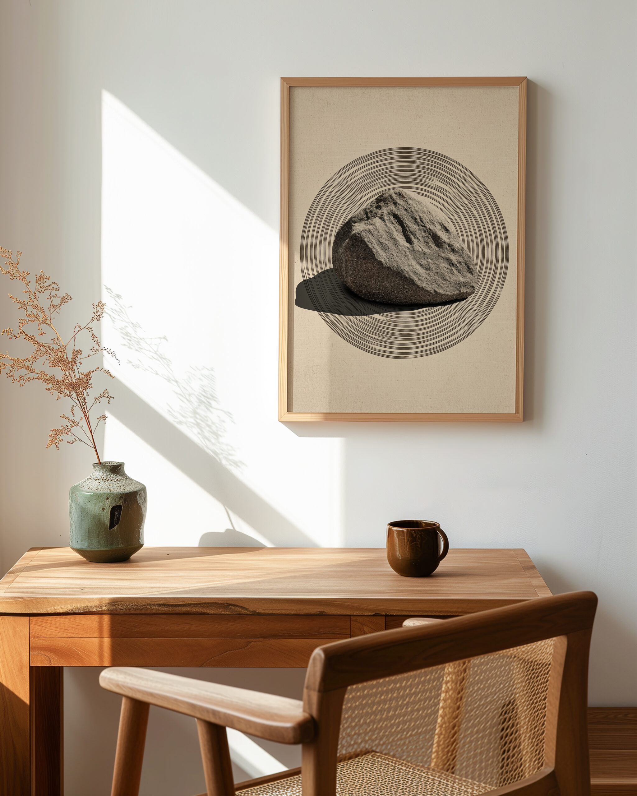 Japandi workspace with a framed poster above a wooden desk, featuring a single stone inside concentric zen rings on a beige background.