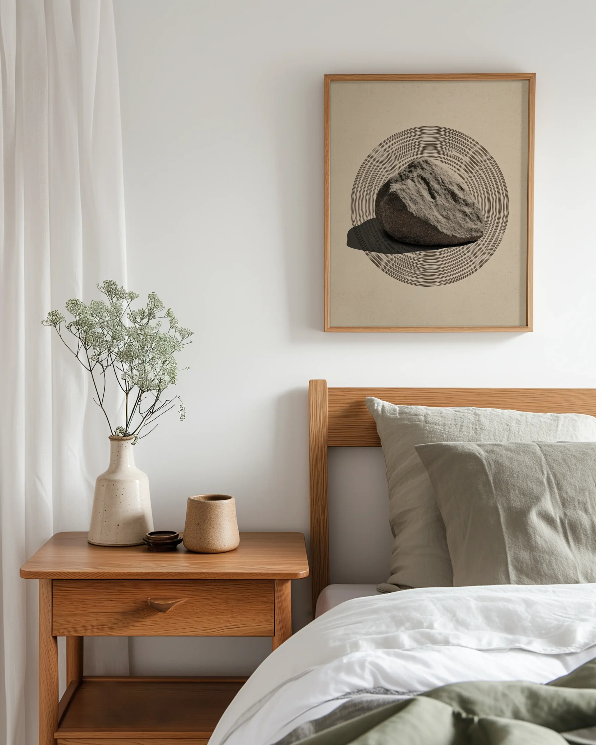 Minimal bedroom with a framed poster above the bed showing a stone inside concentric zen rings on a beige background, Japandi decor style.