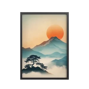 Sunlit Peaks and Pines — Misty Valley Landscape With Lone Tree Wall Decor — Framed Poster