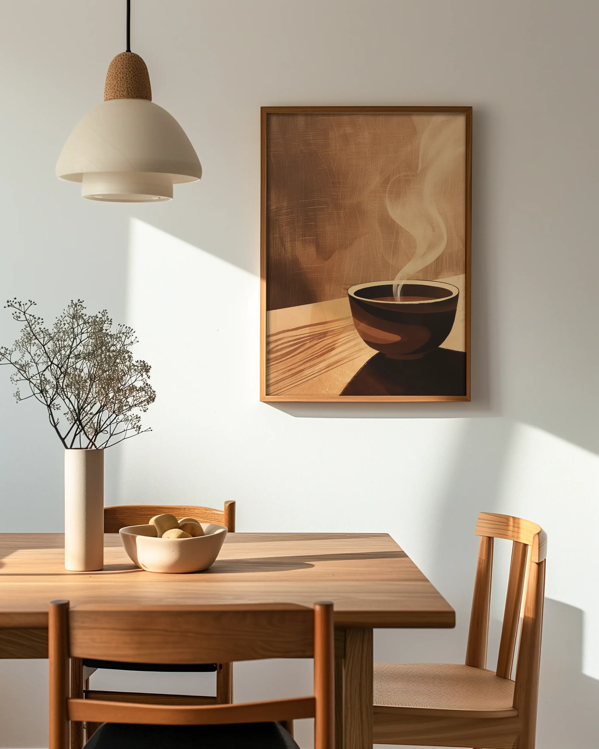 Framed Japandi tea ceremony wall art featuring a steaming tea bowl, displayed as a centered dining room wall decor print.