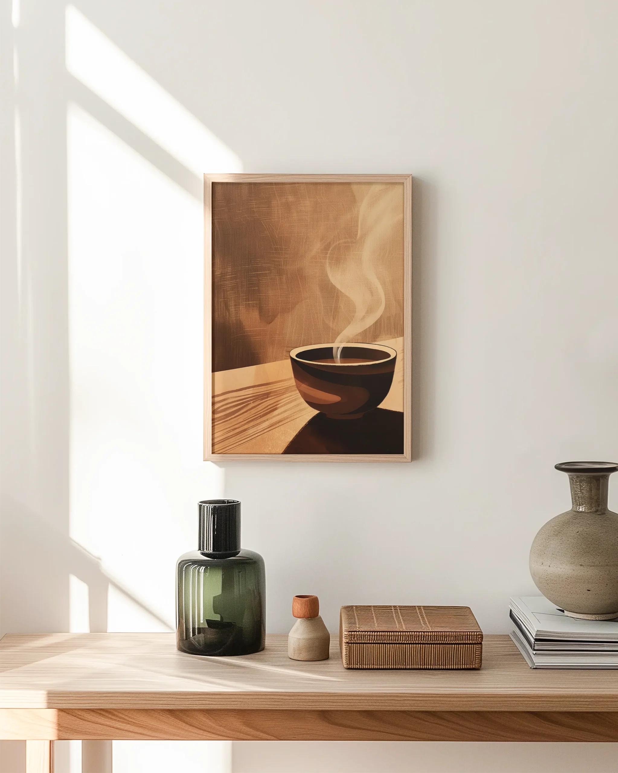 Japandi framed tea bowl wall art poster styled in a bright hallway, creating a calm entryway statement with warm neutral tones.