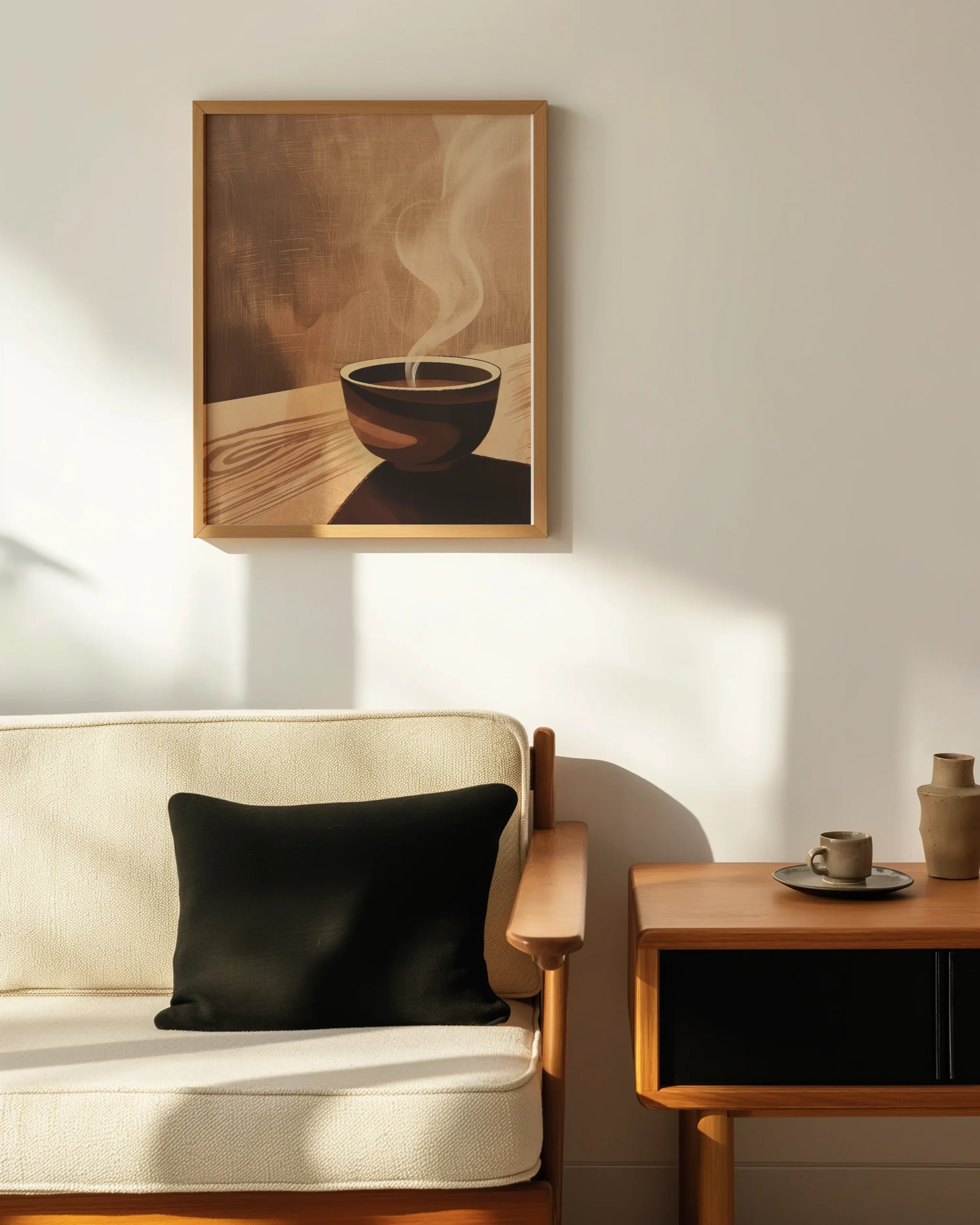 Japandi Zen tea bowl wall art framed poster styled above a neutral sofa in a warm sunlit living room.