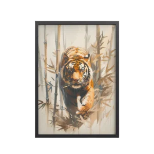 Tiger in Bamboo Mist — Wildlife Tiger in Dynamic Jungle Wall Art — Framed Poster