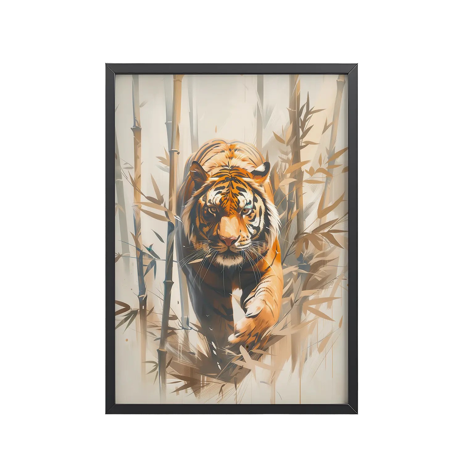 Tiger in Bamboo Mist — Wildlife Tiger in Dynamic Jungle Wall Art — Framed Poster
