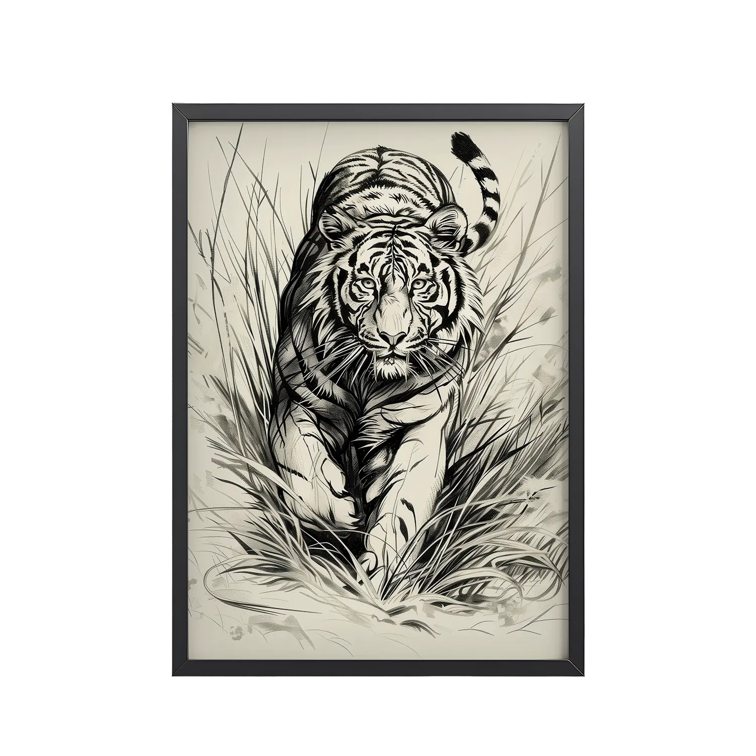 Tiger in Brush — Monochrome Ink Bengal Tiger Wall Art — Framed Poster