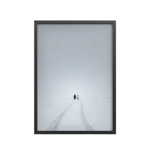 Together Through the Snow — Minimal Penguins in Winter Landscape Wall Art — Framed Poster