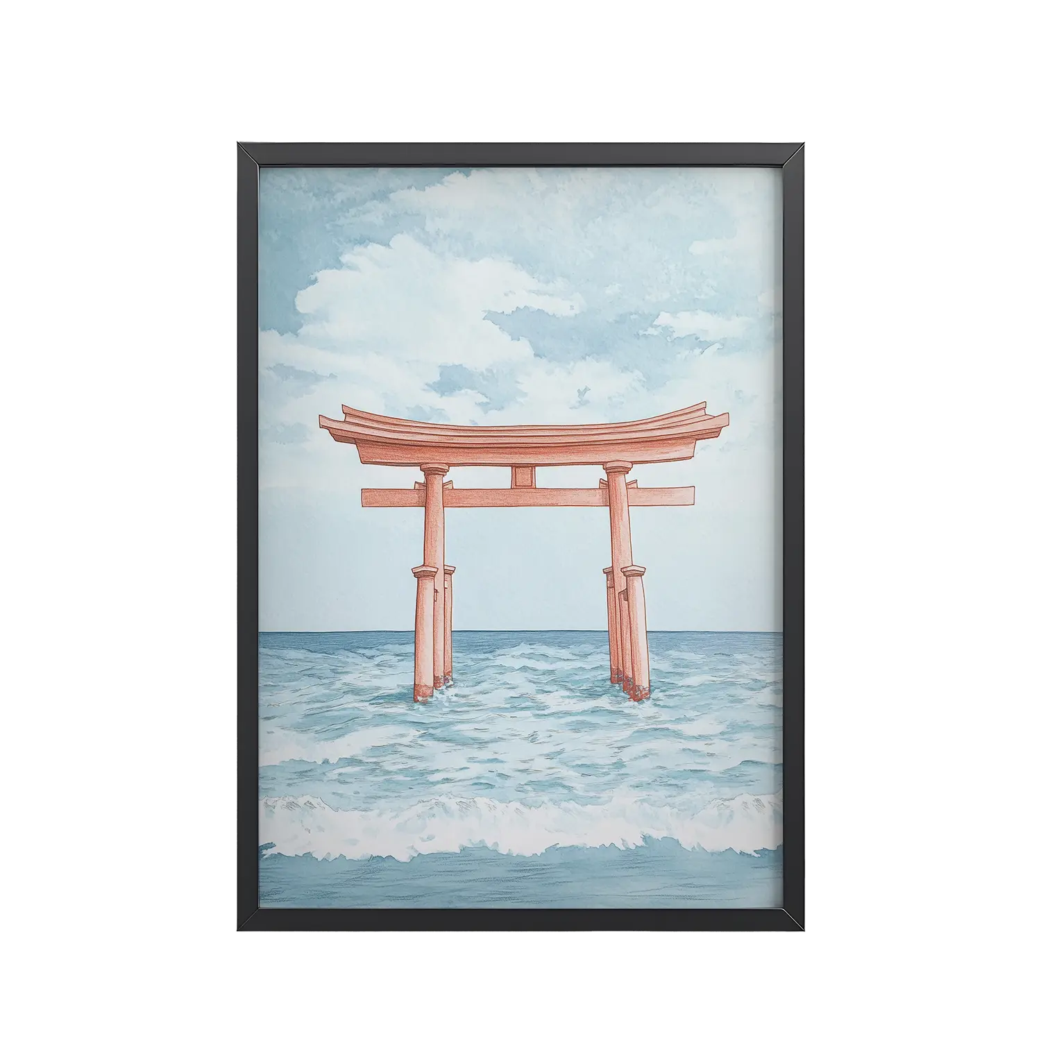 Torii Gate Waves — Coastal Shinto Shrine Wall Decor — Framed Poster