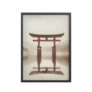Torii Reflections — Minimal Misty Lake Wall Art — Framed Poster