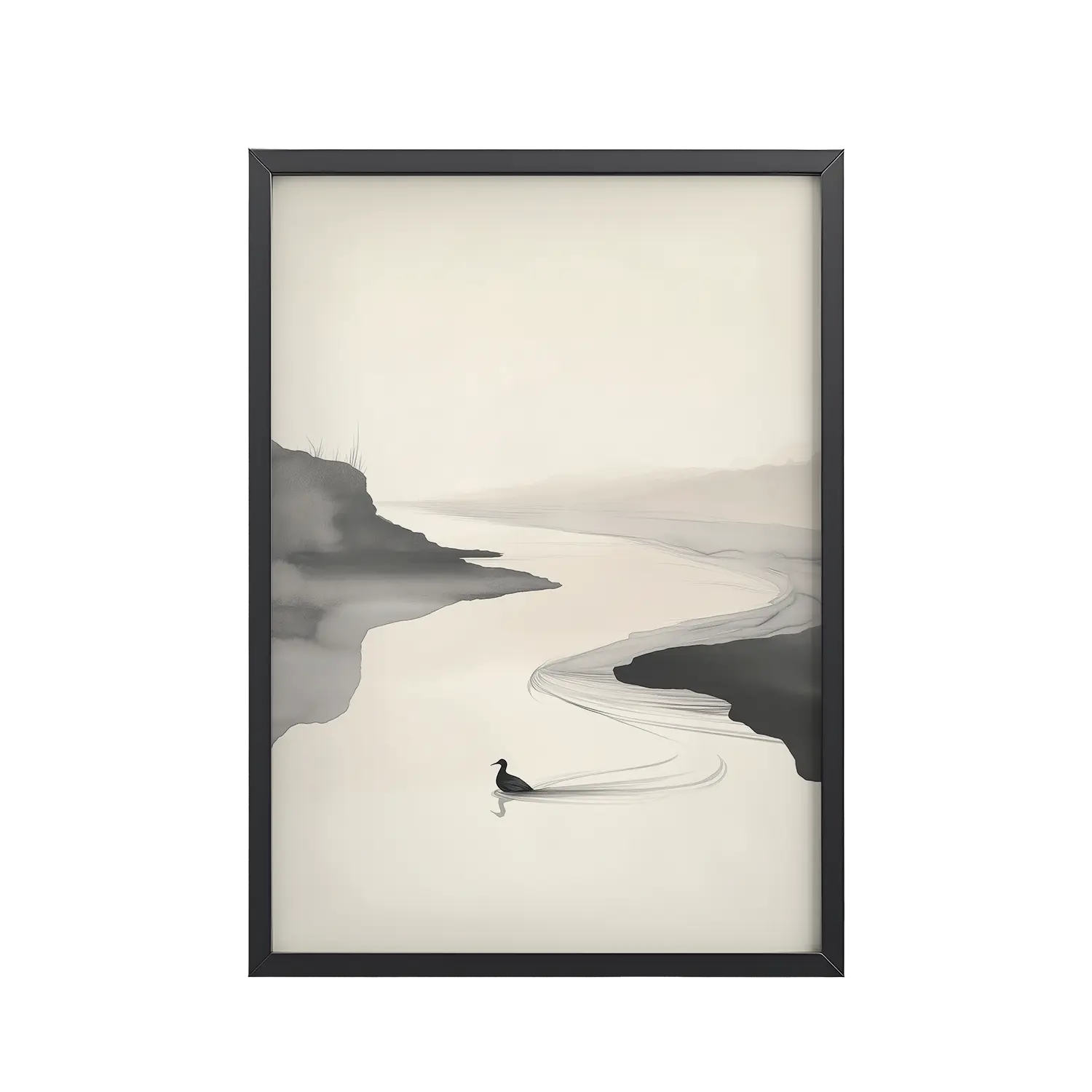 Tranquil River Flow — Minimal Ink Landscape Wall Decor — Framed Poster