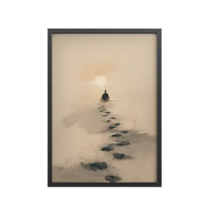 Turtle Sunset Path — Minimalist Japandi Turtle with Footprints Beach Sunset Wall Decor — Framed Poster