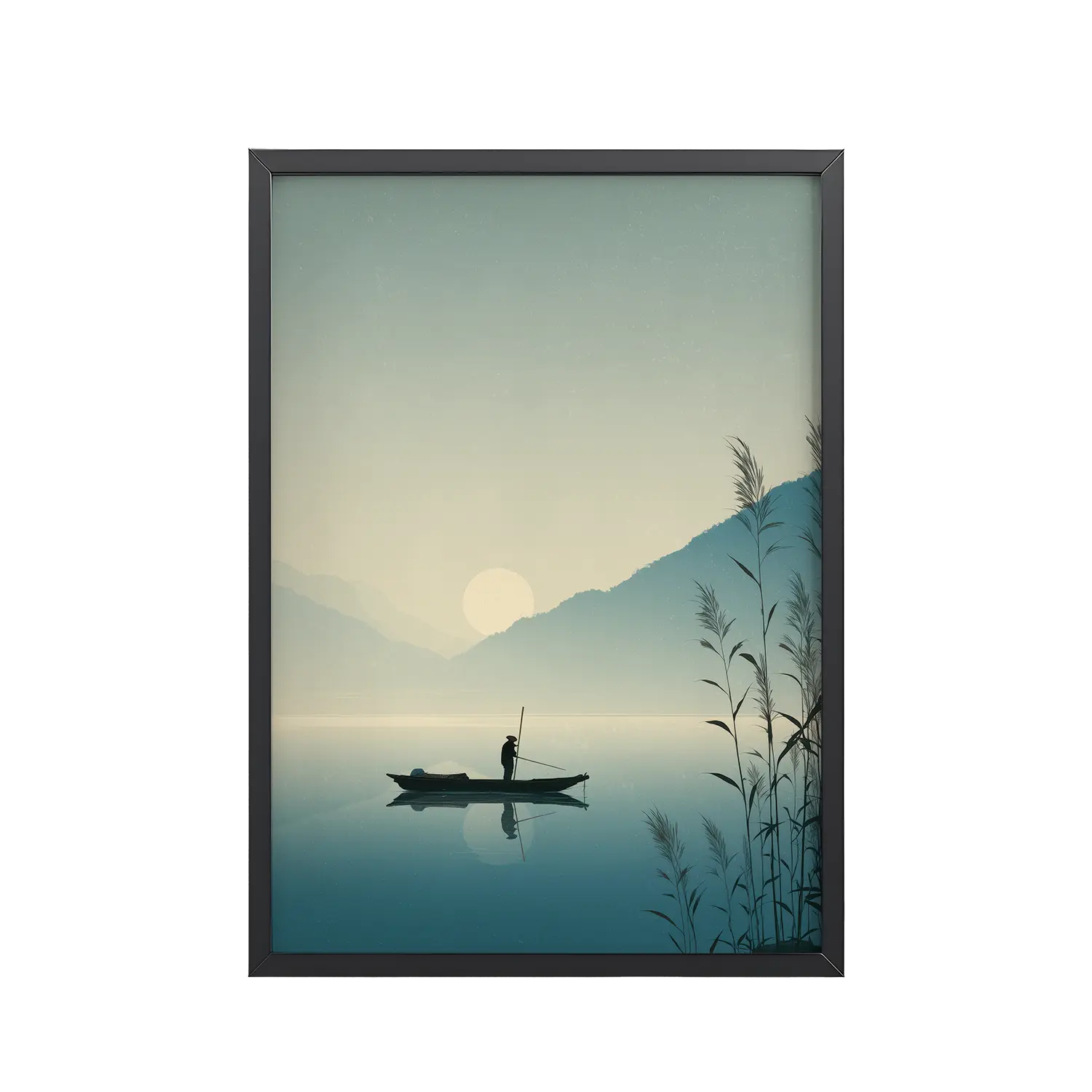 Twilight Fisherman — Zen Lake Landscape Wall Art — Framed Poster