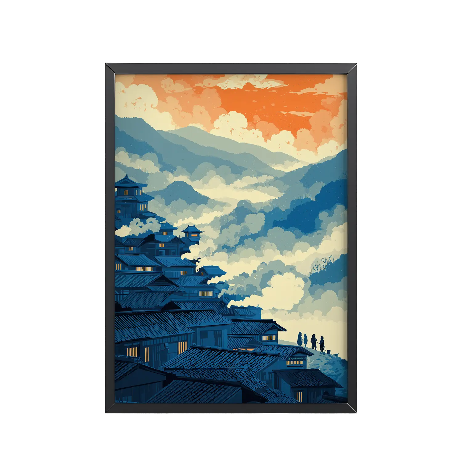 Twilight Over Hillside Village – Ukiyo-e Wall Art Print – Framed Poster