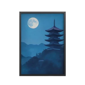 Twilight Pagoda Stillness — Moonlit Temple Wall Decor — Framed Poster