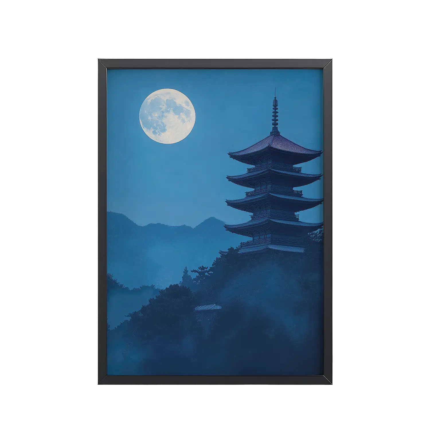 Twilight Pagoda Stillness — Moonlit Temple Wall Decor — Framed Poster