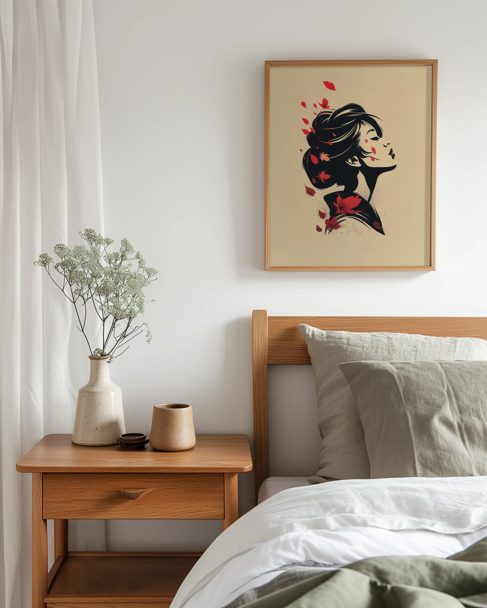 Japandi bedroom decor with minimalist geisha framed poster and red blossoms Japanese wall art print