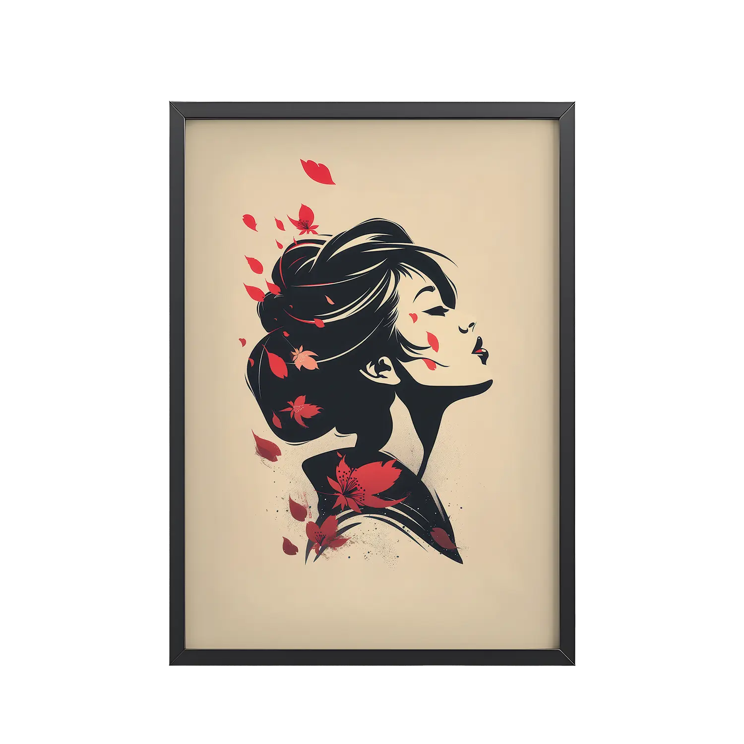 Blossoms in the Wind — Japandi Geisha Minimal Wall Art — Framed Poster