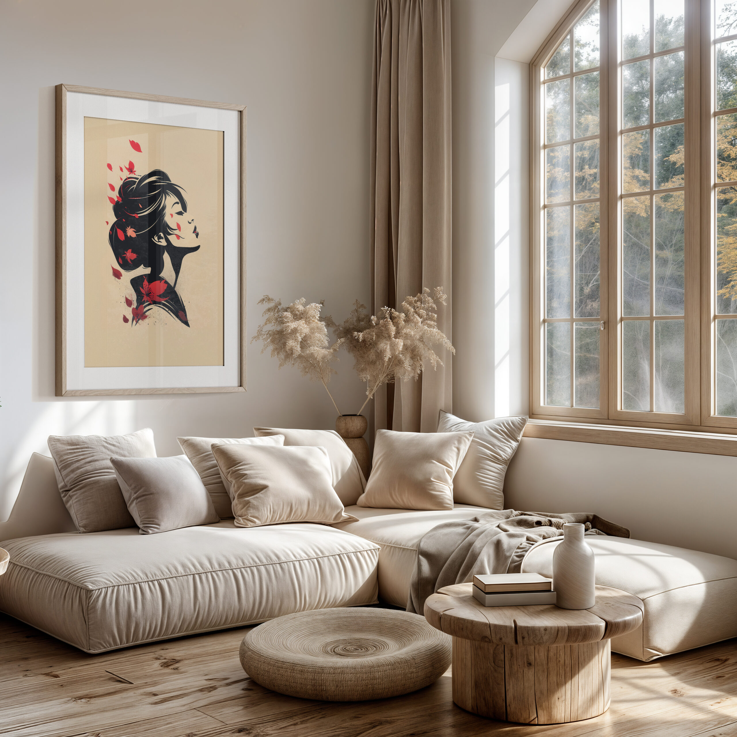 Japandi living room wall decor with geisha framed poster and red blossom petals minimalist Japanese art print