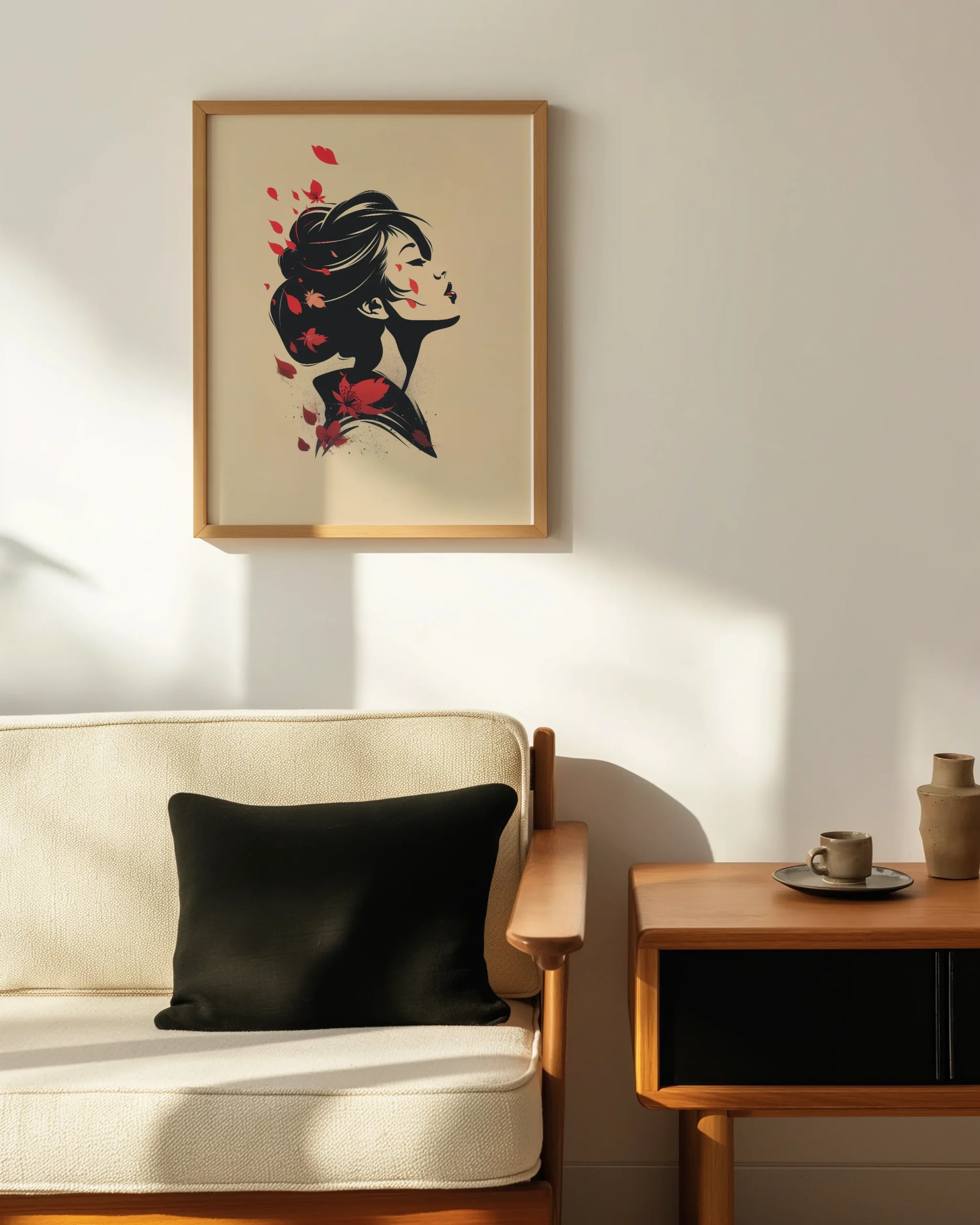 Minimal Japanese geisha wall art framed poster styled in modern living room warm neutral decor
