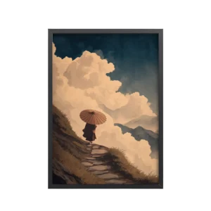 Umbrella Journey – Traveler on the Cloudside Path Ukiyo-e Wall Art – Framed Poster