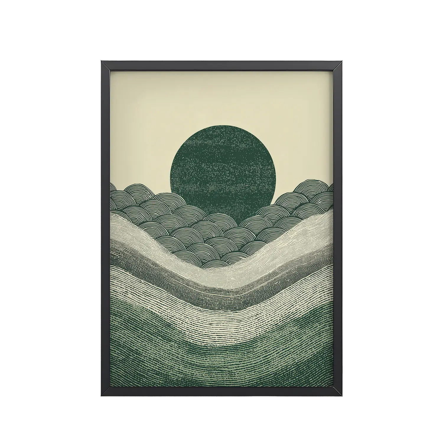 Verdant Rising — Japanese-Inspired Green Landscape Wall Art — Framed Poster