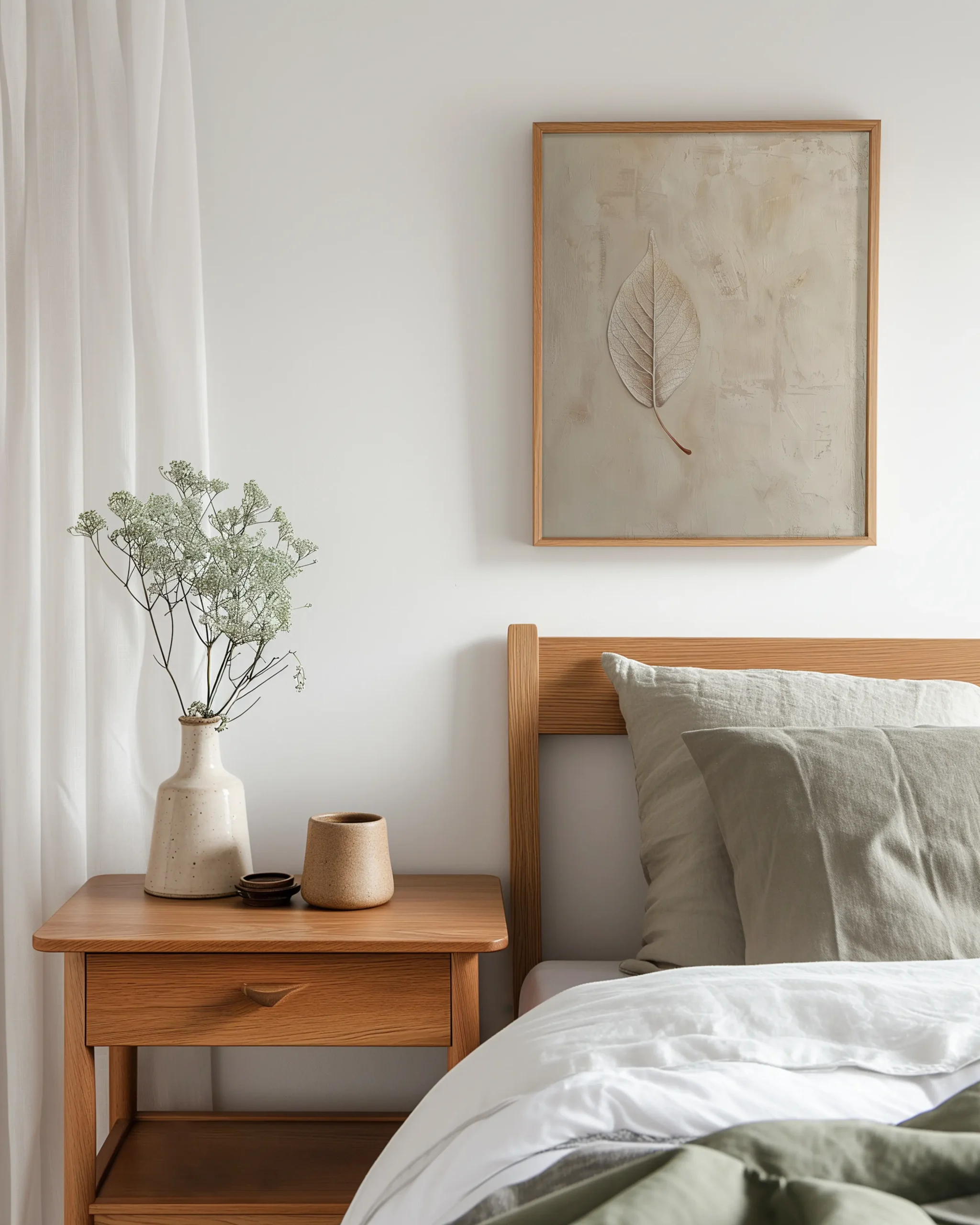 Bedroom mockup with a neutral textured botanical leaf framed poster above a wooden bed in a calm Japandi style room.