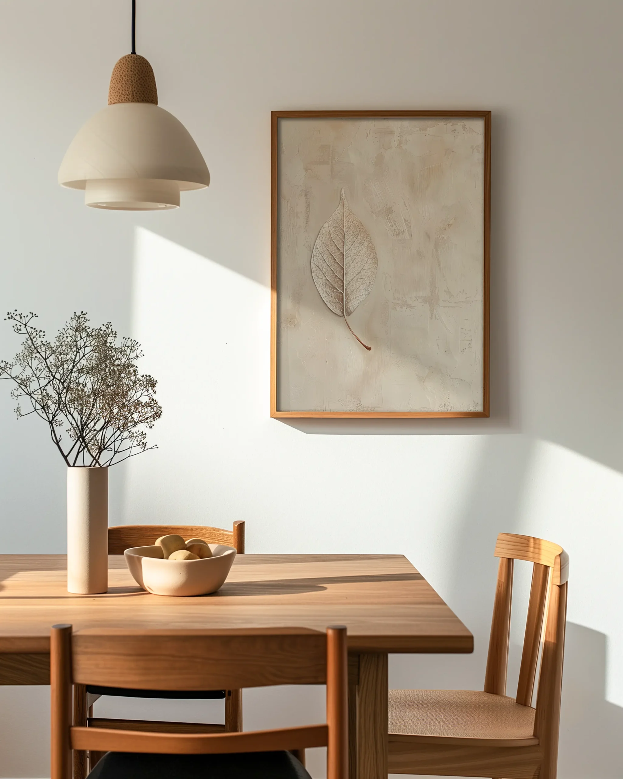 Neutral textured leaf wall art framed poster displayed above a dining table in a bright minimalist room.