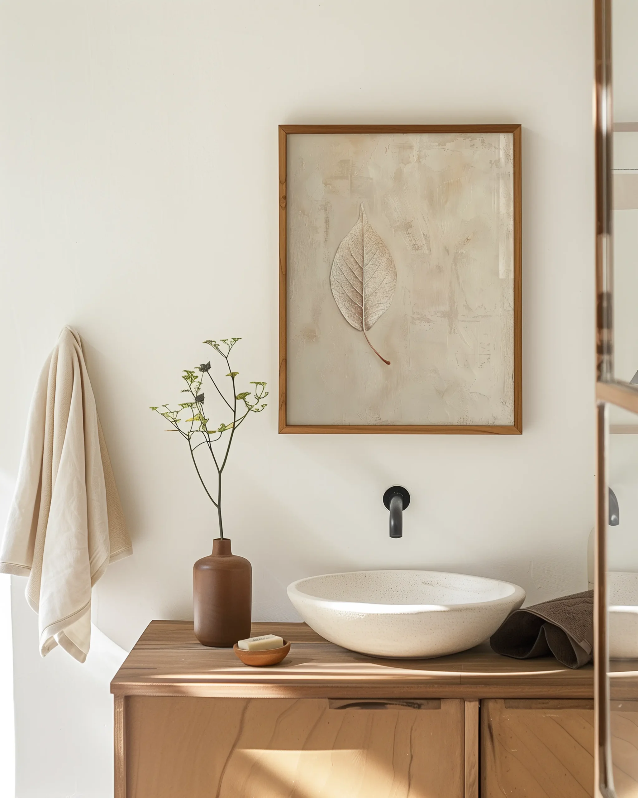 Bathroom mockup featuring a neutral textured leaf framed poster above a modern sink for spa-like wall decor.