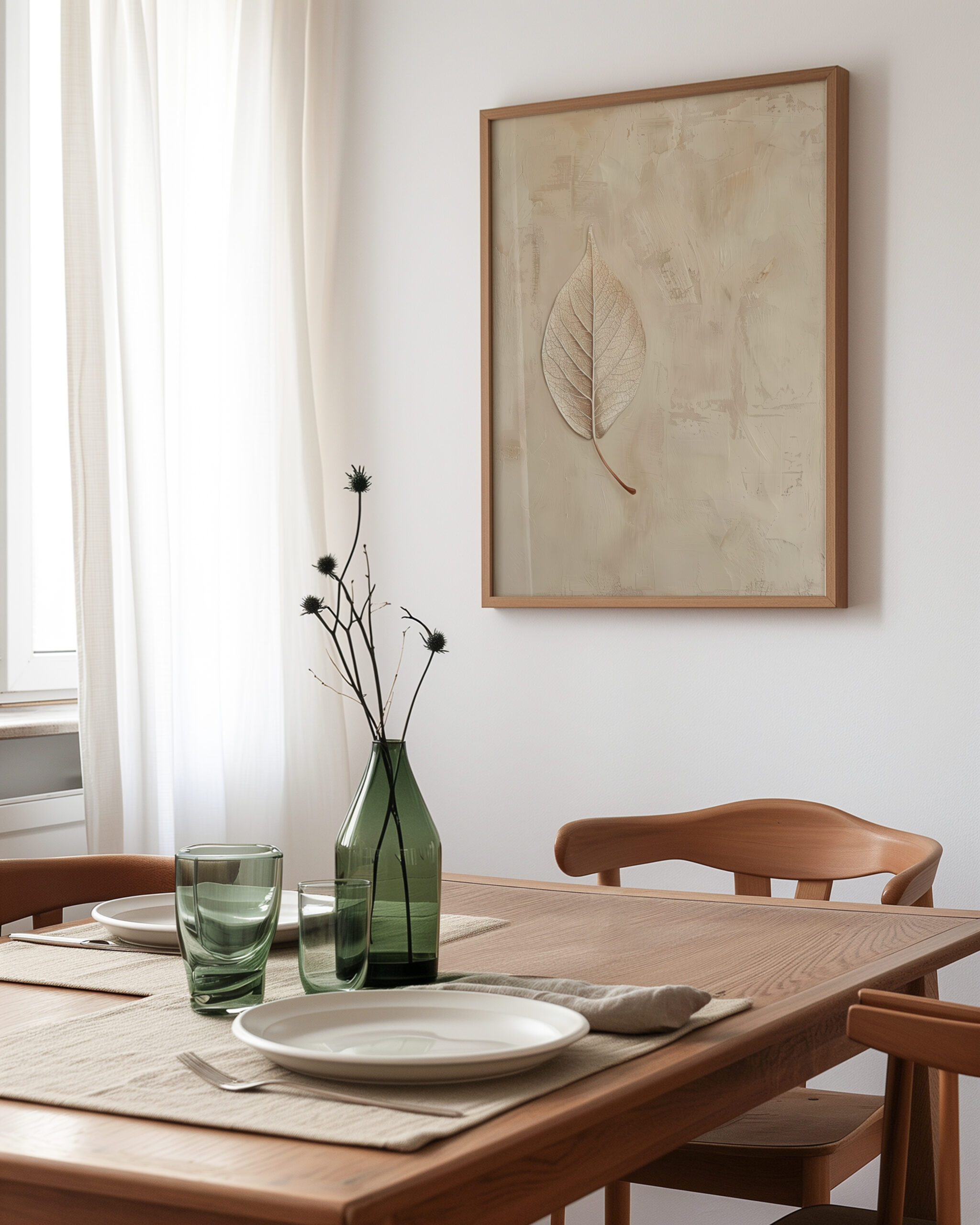 Angled dining room mockup of a neutral textured leaf framed poster in a warm wood frame.