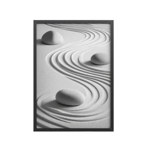 Wabi-Sabi Zen Garden – White Stones & Raked Sand Minimal Art – Framed Poster
