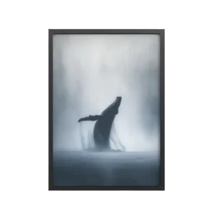 Whale in the Mist — Humpback Breach in Foggy Seascape Wall Decor — Framed Poster