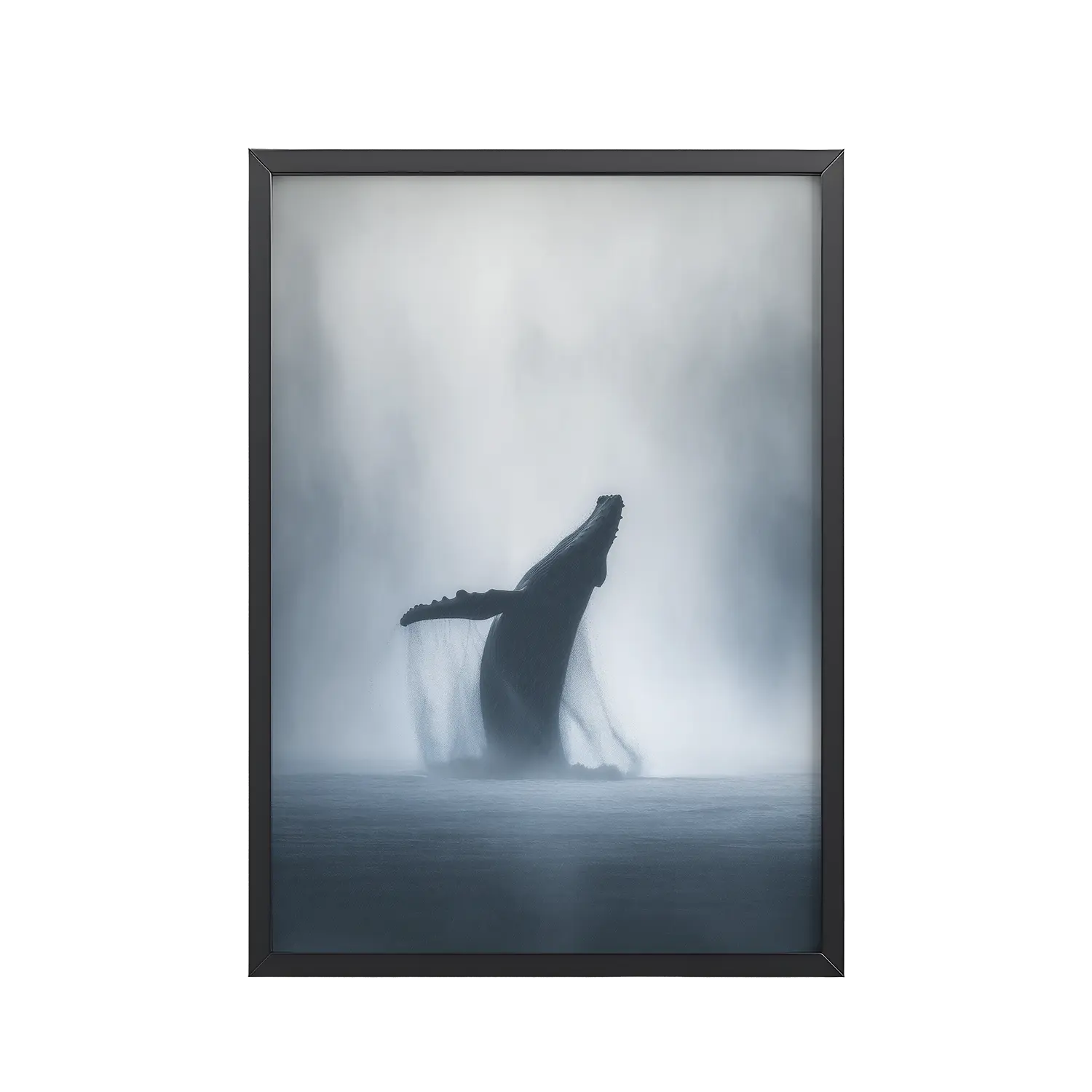 Whale in the Mist — Humpback Breach in Foggy Seascape Wall Decor — Framed Poster