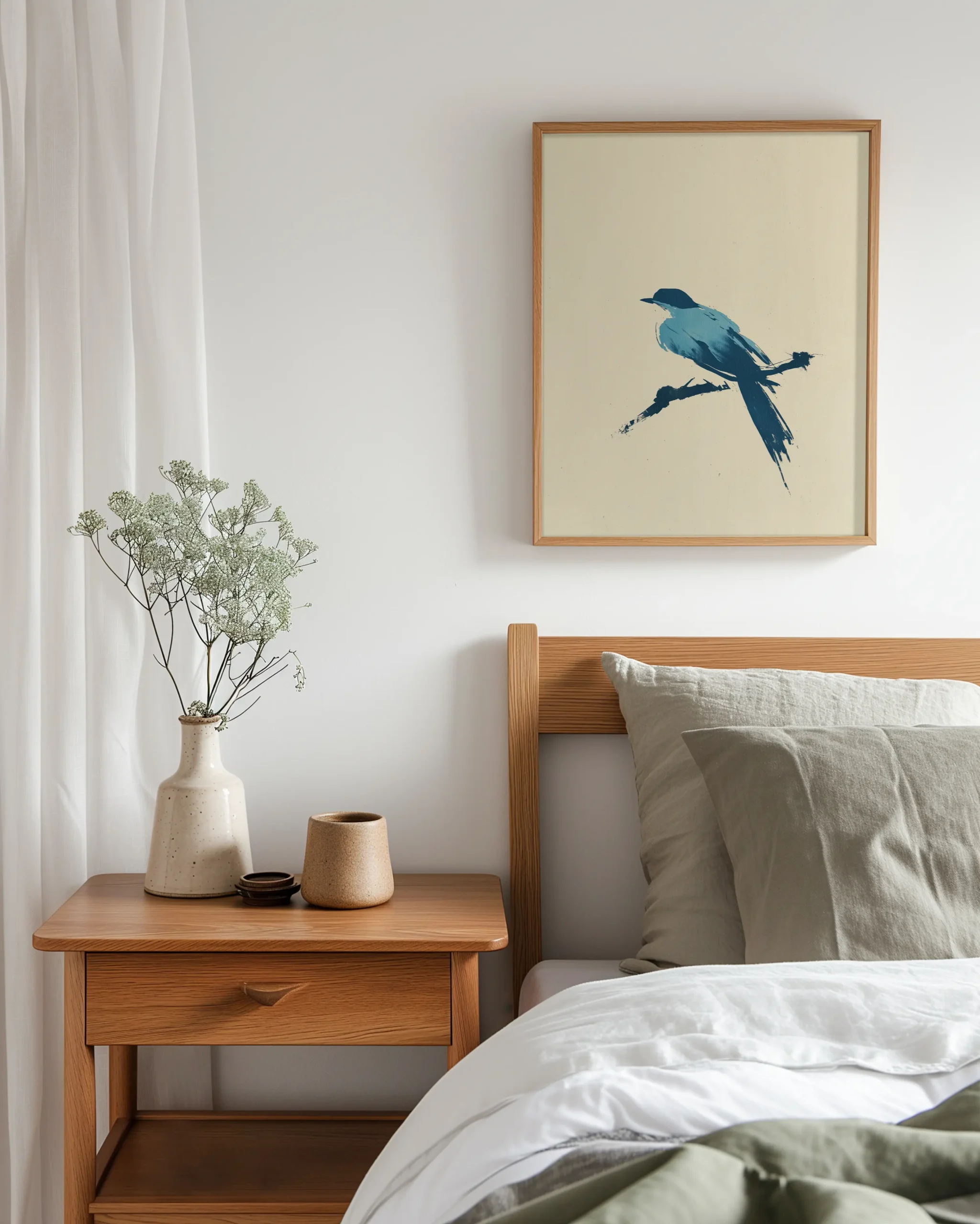 Bluebird Perch minimalist bird framed poster above bed, blue brush bird on branch wall art