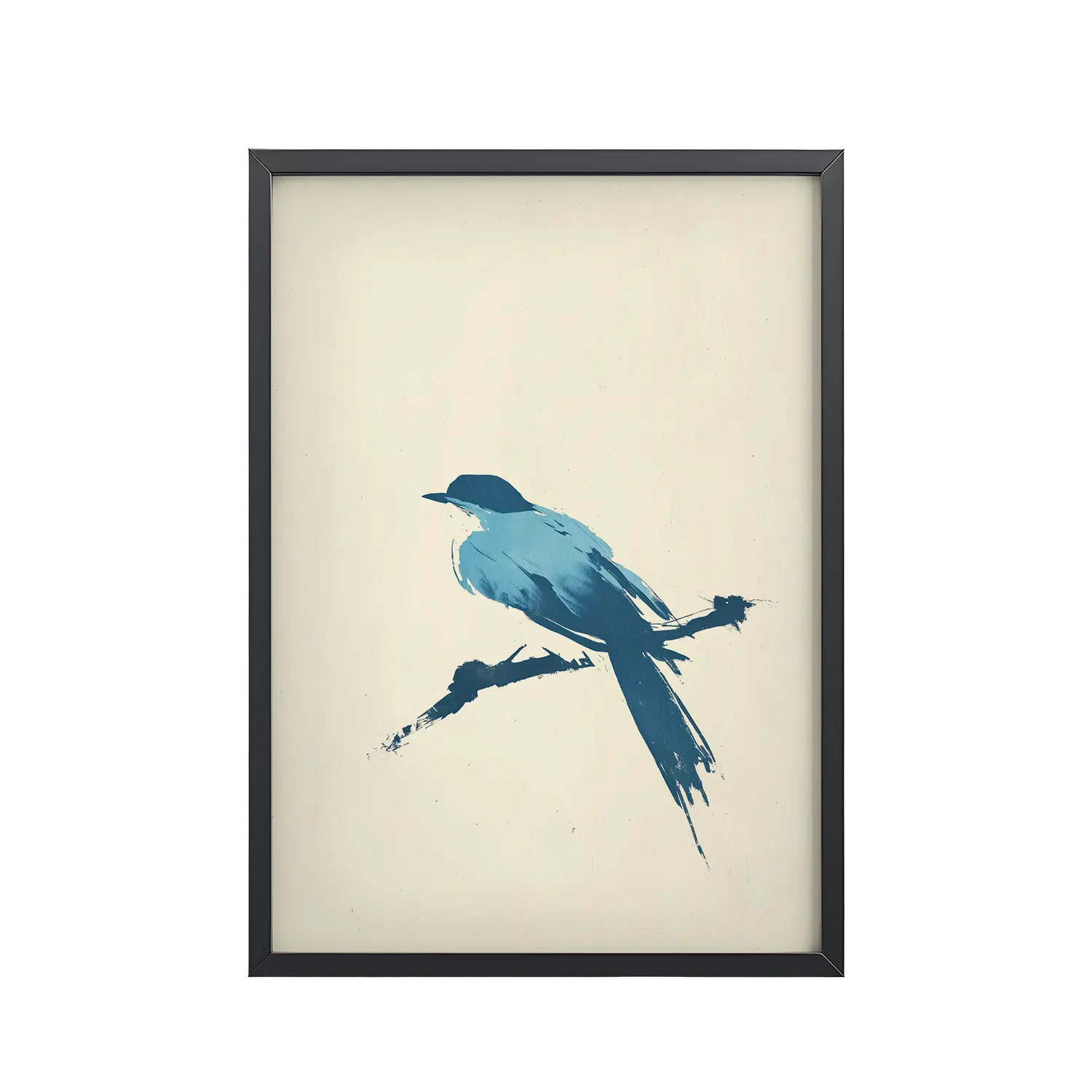 Bluebird Perch — Minimal Brush Bird on Branch Wall Decor — Framed Poster
