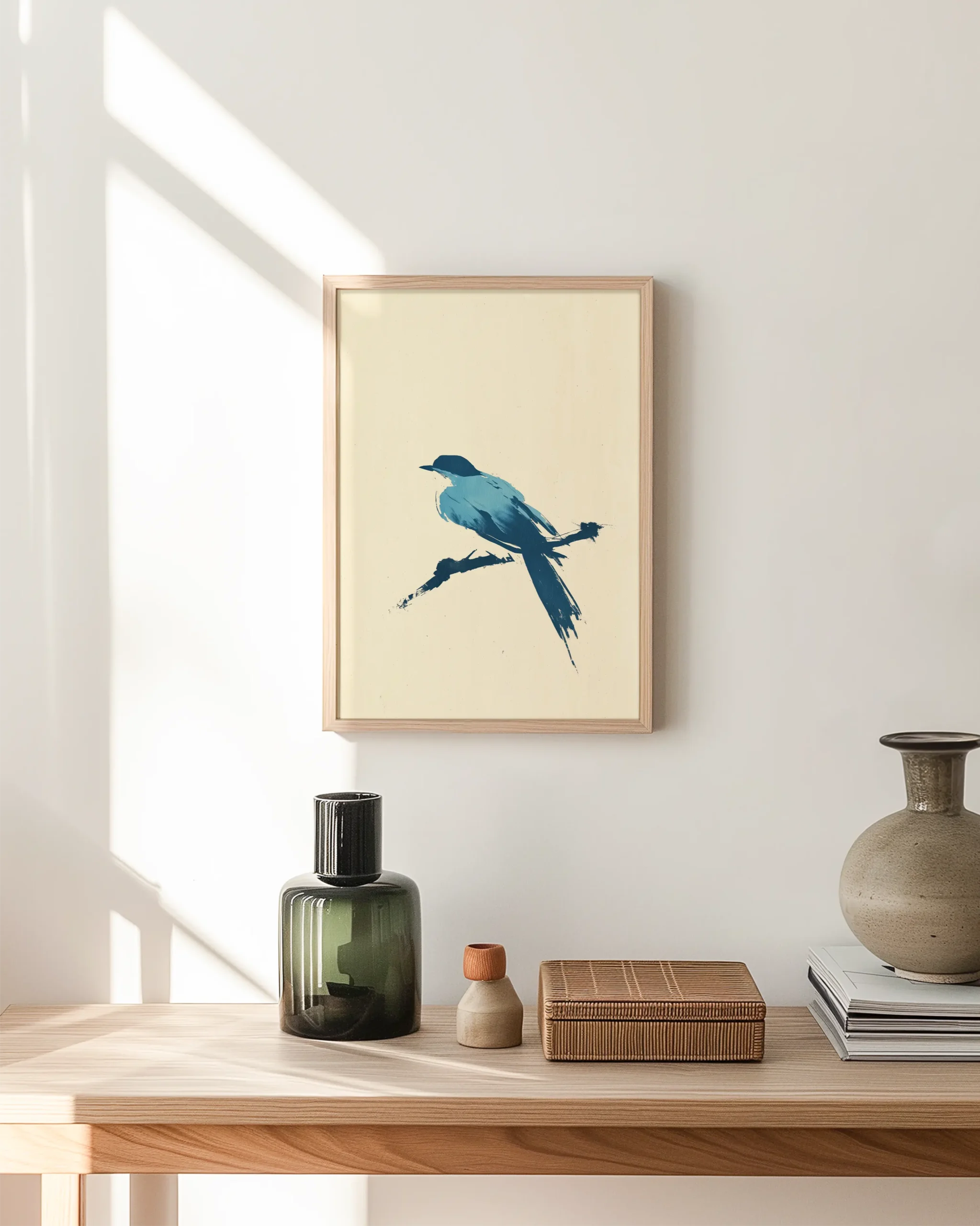 Bluebird Perch framed poster in bright hallway, minimalist blue bird brush art on beige background