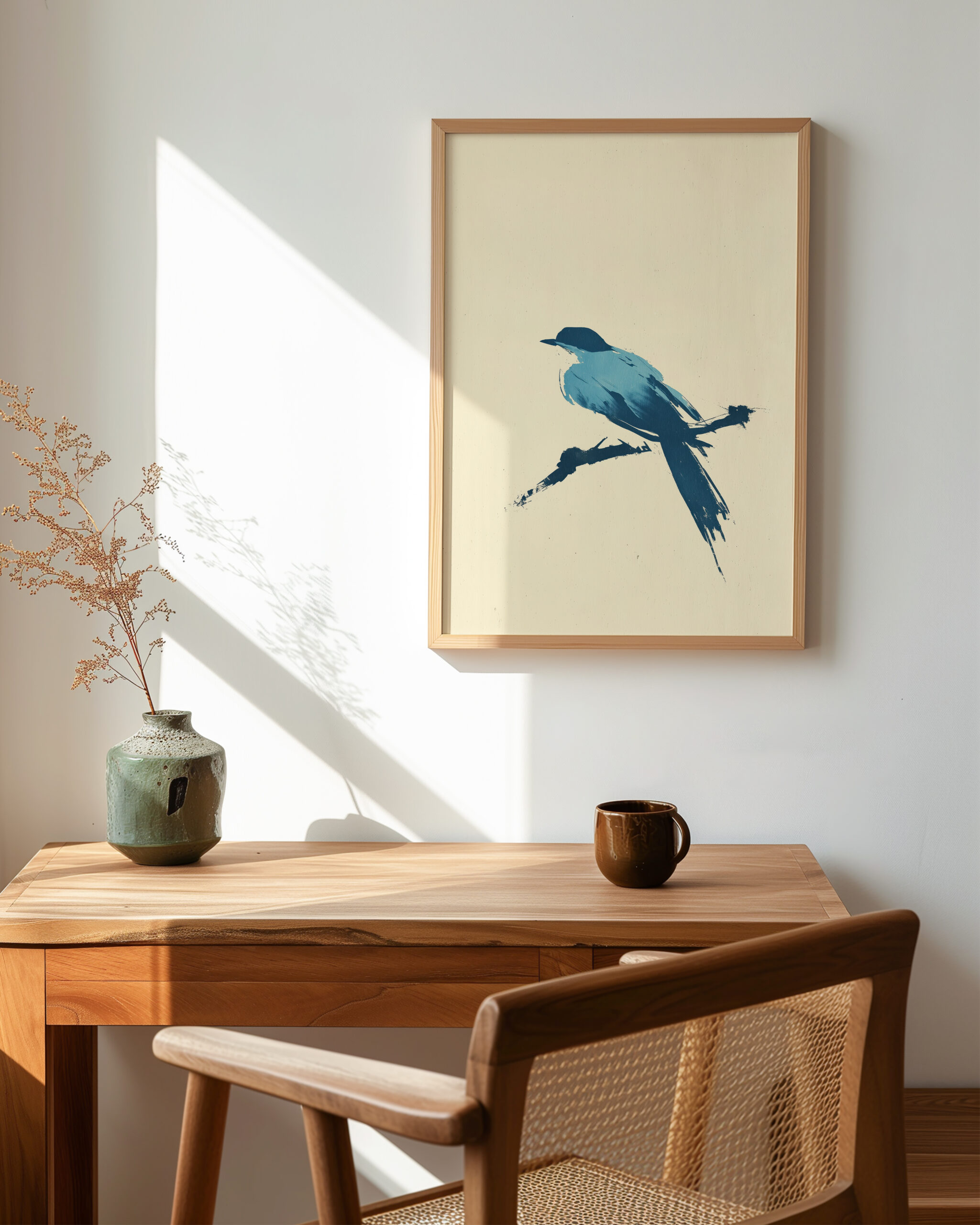 Bluebird Perch framed bird poster above wooden desk, minimal blue bird brush art wall decor