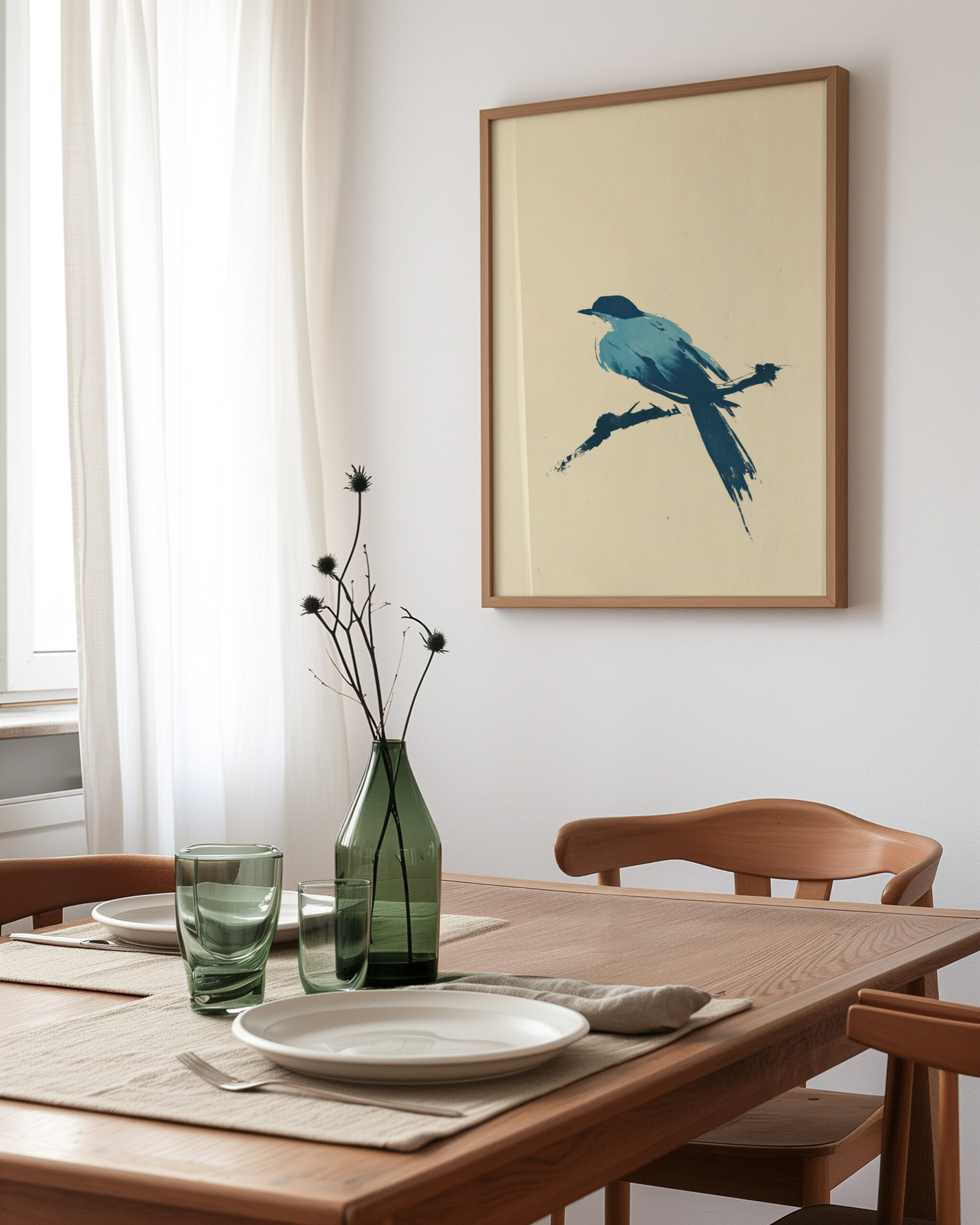 Bluebird Perch framed poster in dining room, angled view of minimalist blue bird brush art on branch