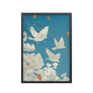 White Doves in Wind (Hokusai) – Autumn Leaves in Flight Ukiyo-e Wall Decor – Framed Poster