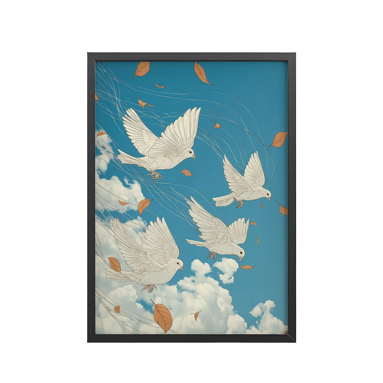 White Doves in Wind (Hokusai) – Autumn Leaves in Flight Ukiyo-e Wall Decor – Framed Poster