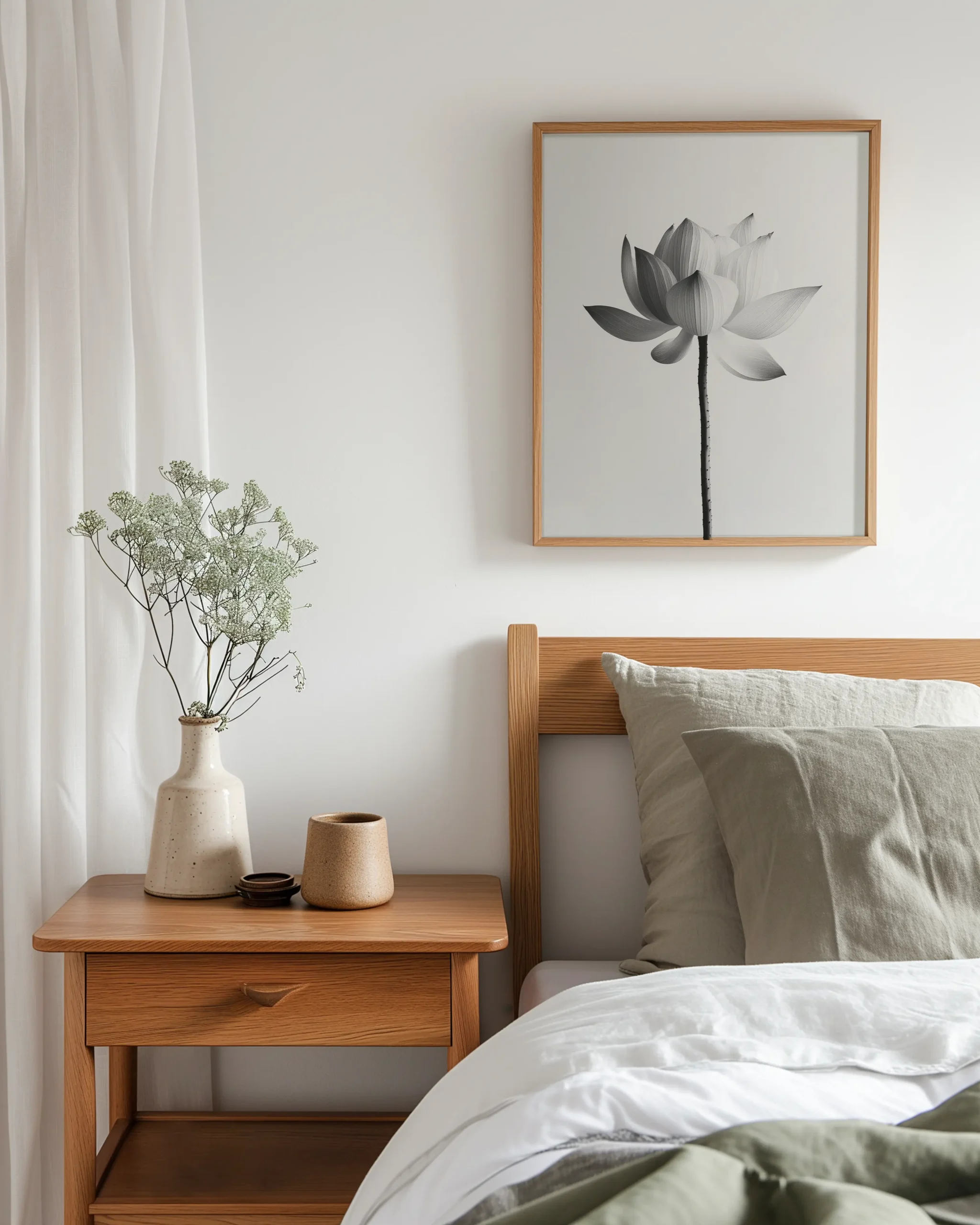 Framed monochrome lotus flower wall art above a Japandi-style bed with soft neutral bedding and wooden furniture.