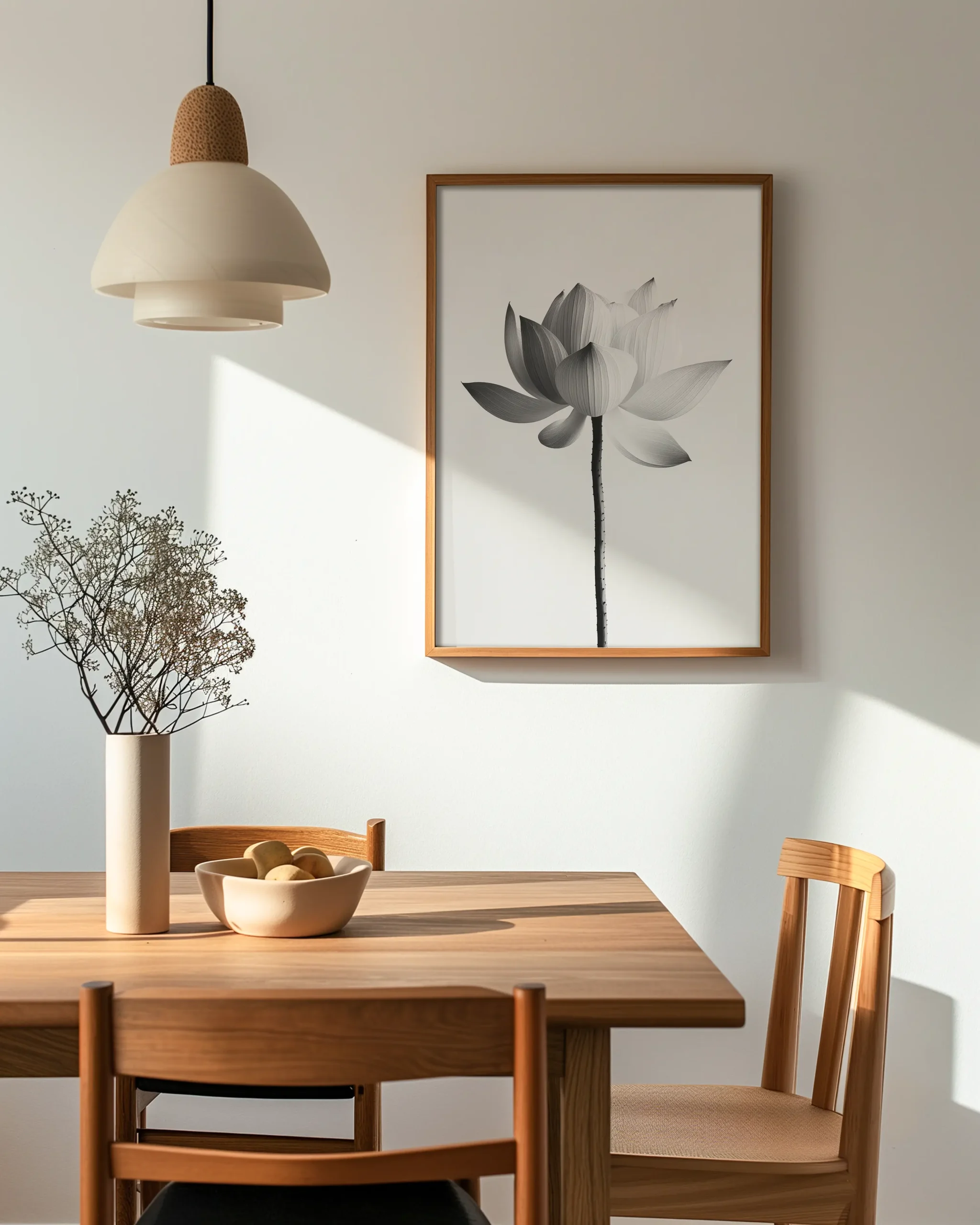 Framed poster of a white lotus flower in monochrome tones displayed in a Japandi dining room with natural wood furniture.