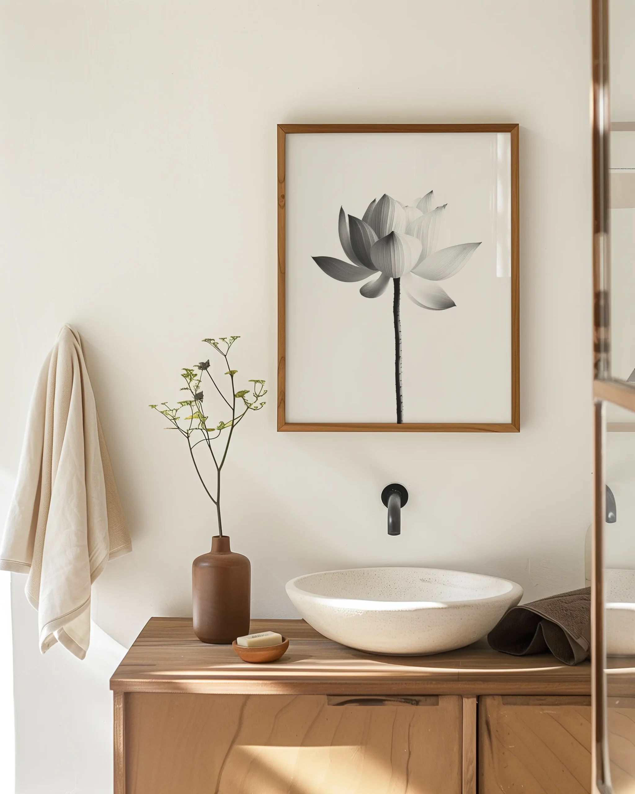 Monochrome white lotus framed wall art hanging above a minimalist bathroom vanity with natural wood and ceramic elements.