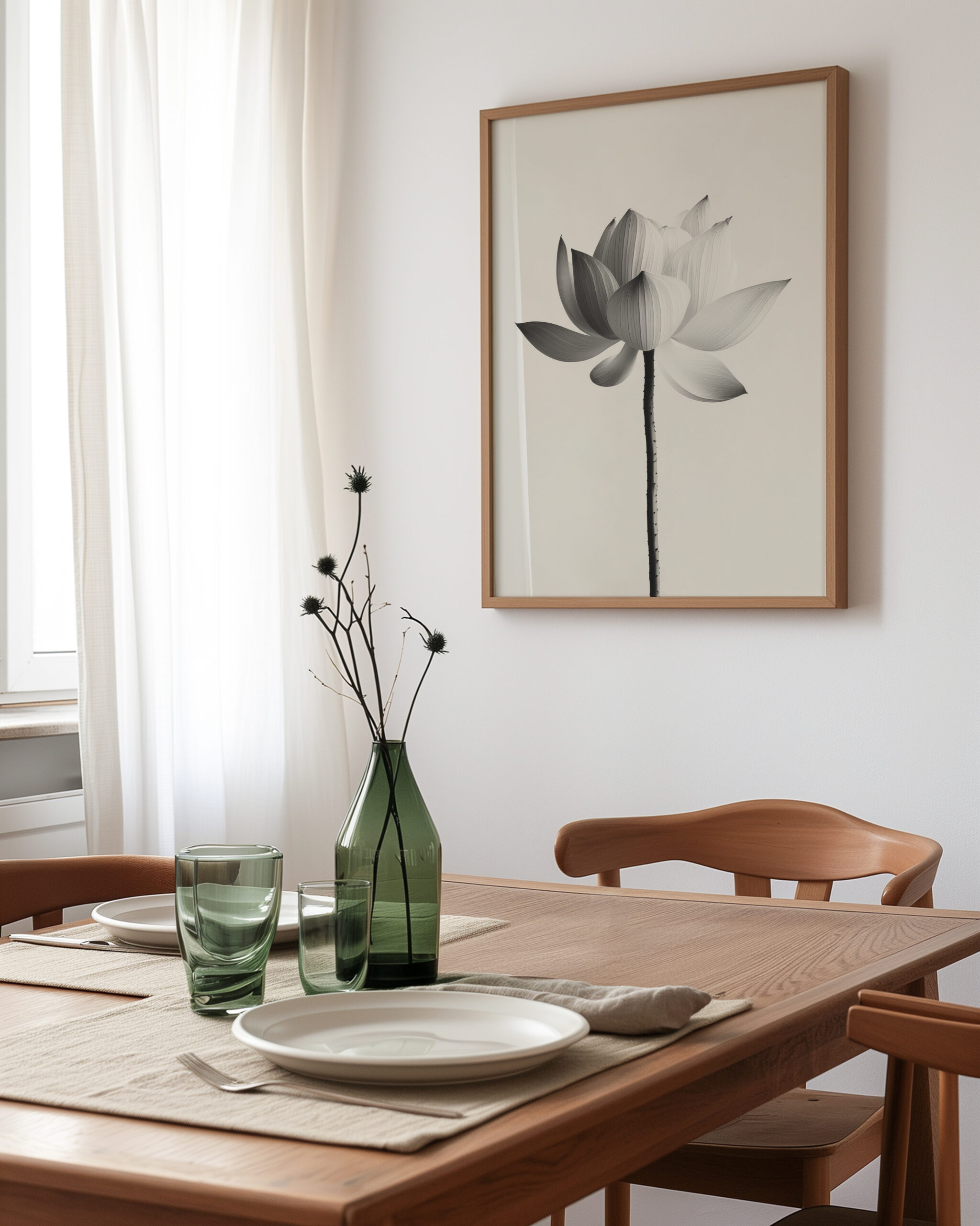 Angled view of a framed monochrome lotus wall art print displayed in a minimalist dining room interior.