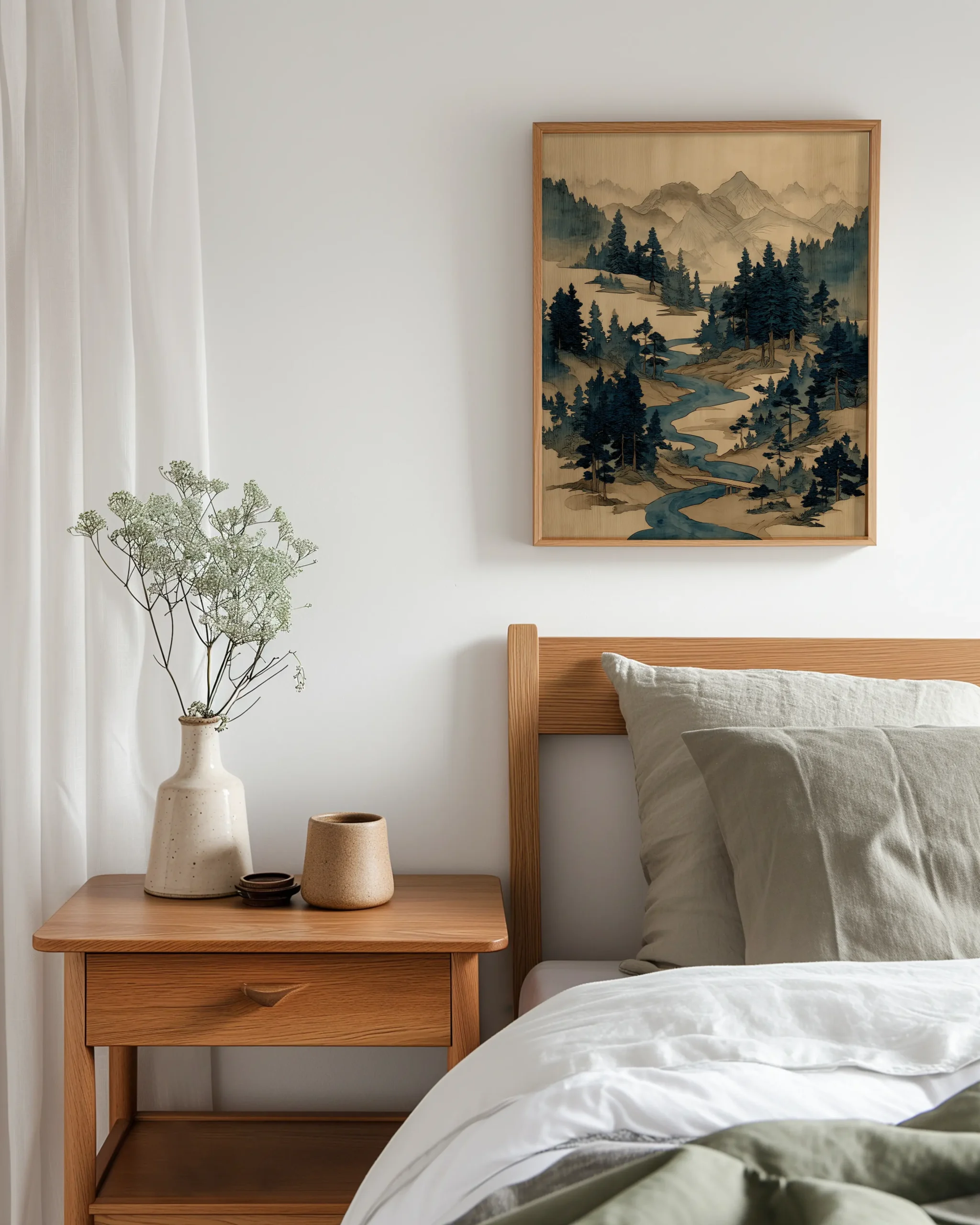Bedroom mockup with a framed Ukiyo-e river and pine forest poster above the bed, showing misty mountains and a winding stream.
