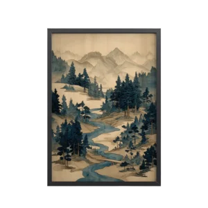 Winding River Pines – Ukiyo-e Mountain Stream Landscape Wall Art – Framed Poster