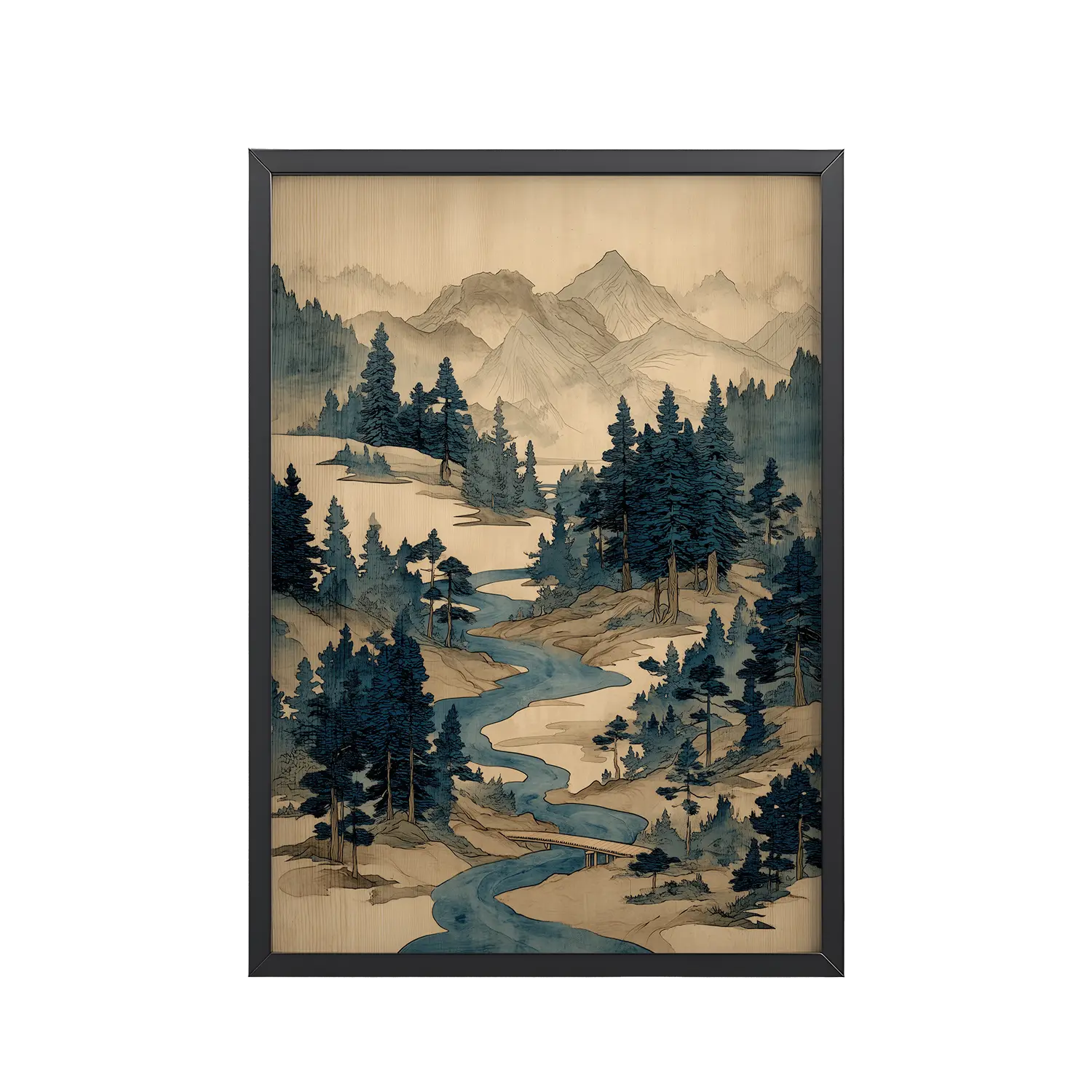 Winding River Pines – Ukiyo-e Mountain Stream Landscape Wall Art – Framed Poster