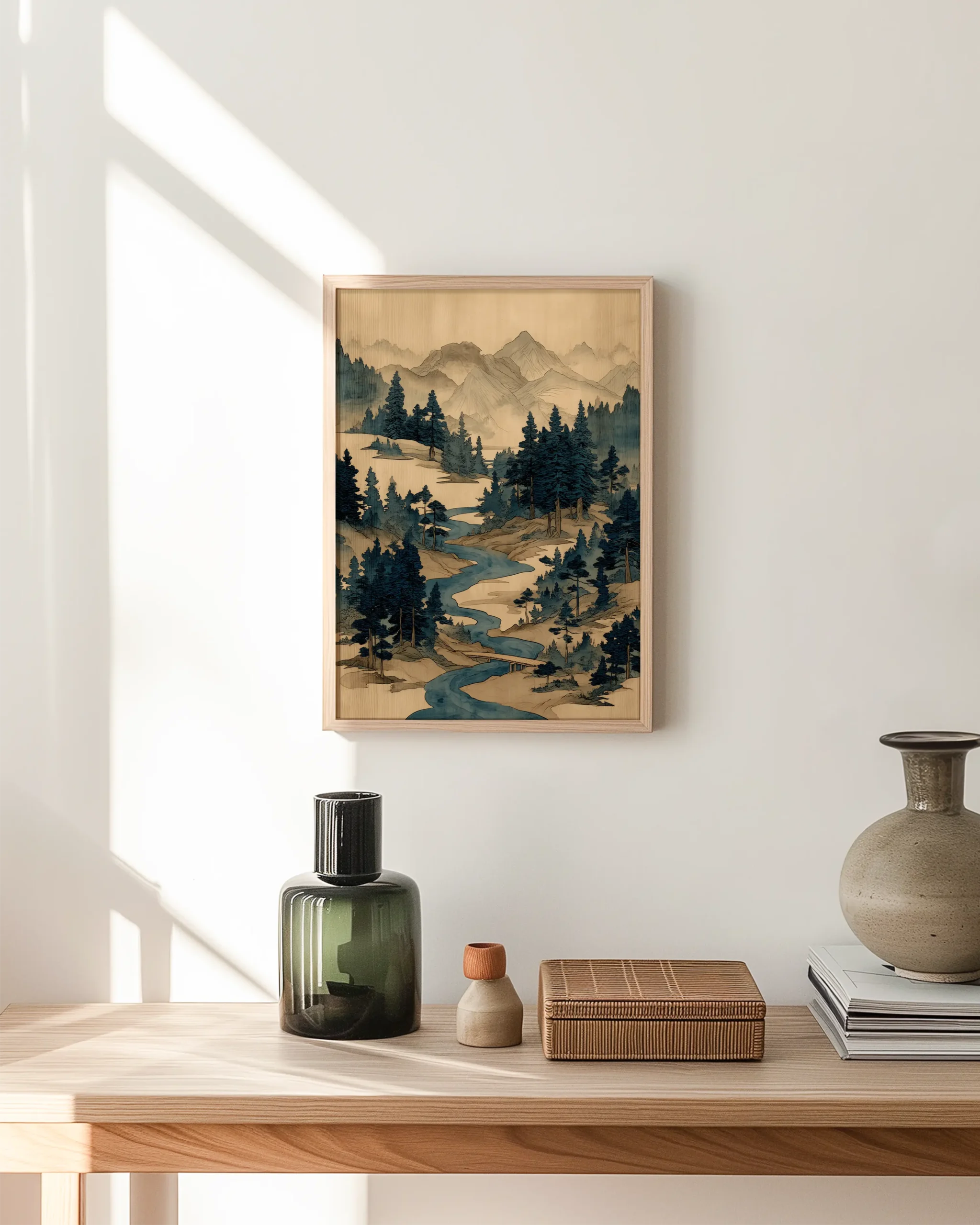 Hallway mockup featuring a large framed Ukiyo-e mountain river poster, with winding stream, pine forest silhouettes, and misty peaks.