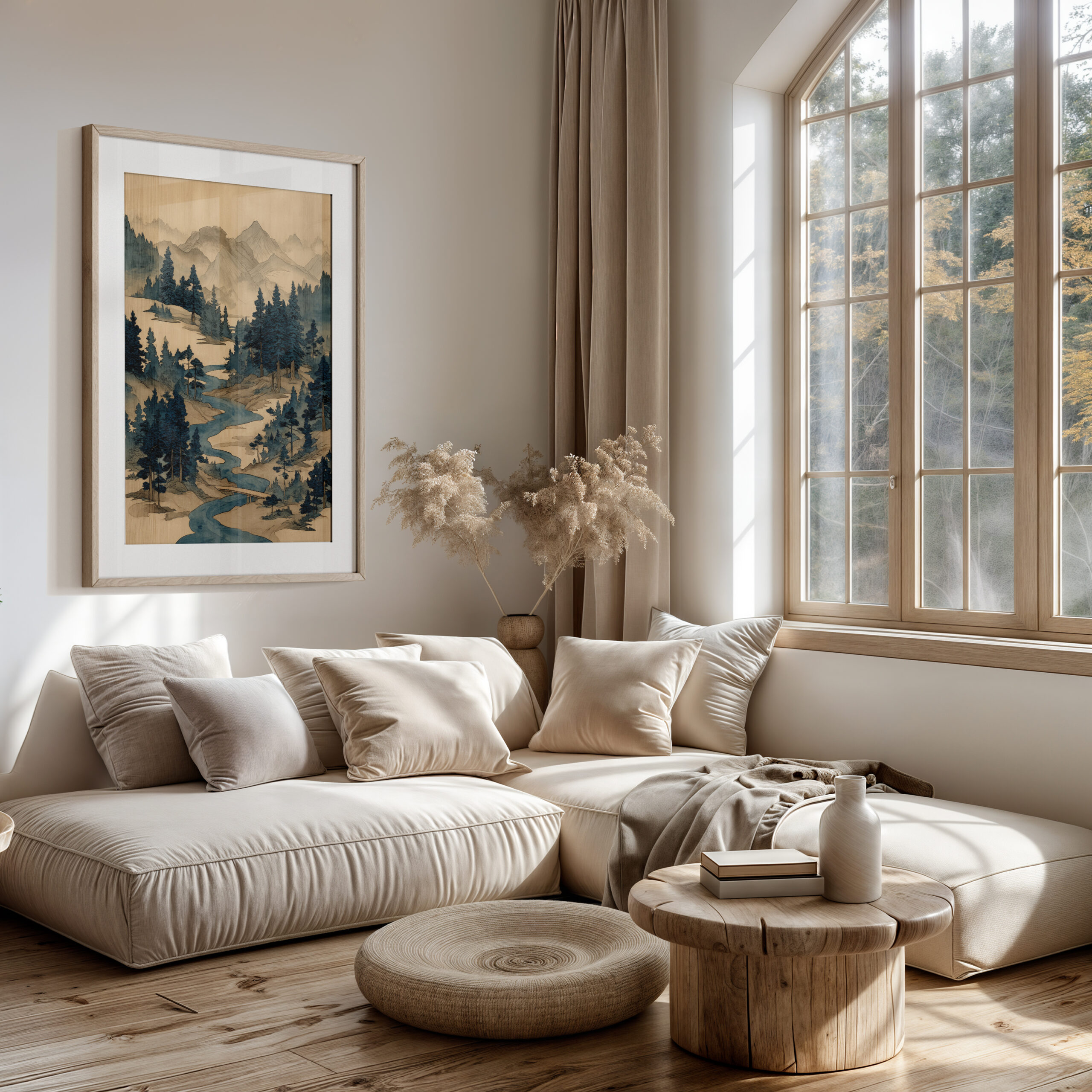 Minimal living room mockup featuring Ukiyo-e mountain stream wall art framed poster with winding river, pine trees, and misty mountains.